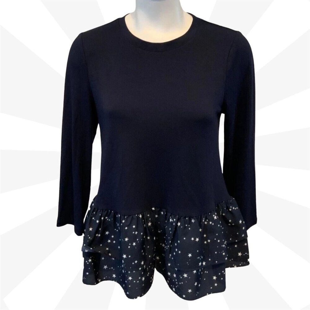 Kate Spade Blue Tee Size XS New York Broome Street 3/4 Sleeves Ruffle Peplum